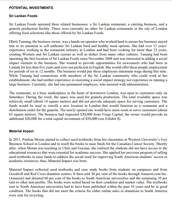Potential Investments Sri Lankan Foods Sri Lankan Foods Operated Three Related Businesses A Sri Lankan Restaurant A Ca 1