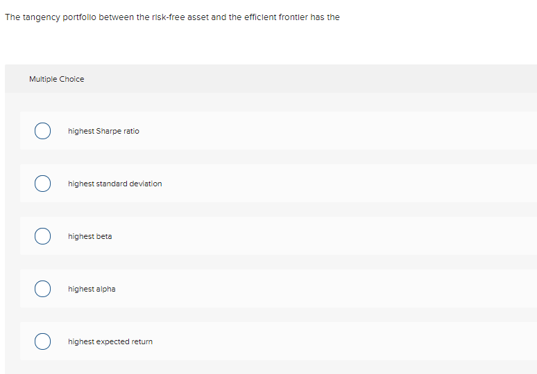 The Tangency Portfolio Between The Risk Free Asset And The Efficient Frontier Has The Multiple Choice Highest Sharpe Rat 1