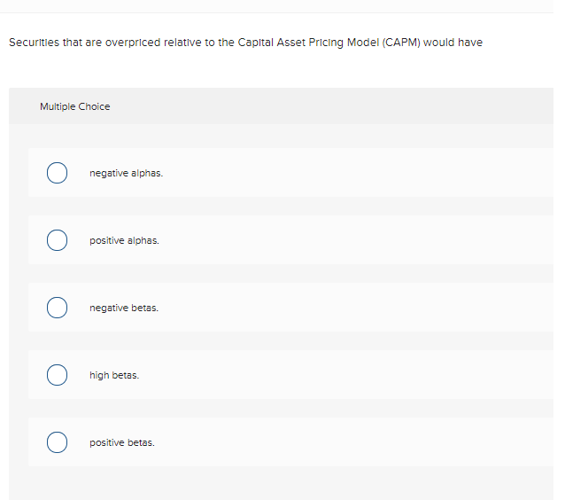 Securities That Are Overpriced Relative To The Capital Asset Pricing Model Capm Would Have Multiple Choice Negative Al 1