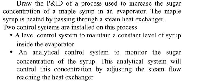 Draw The P Id Of A Process Used To Increase The Sugar Concentration Of A Maple Syrup In An Evaporator The Maple Syrup I 1