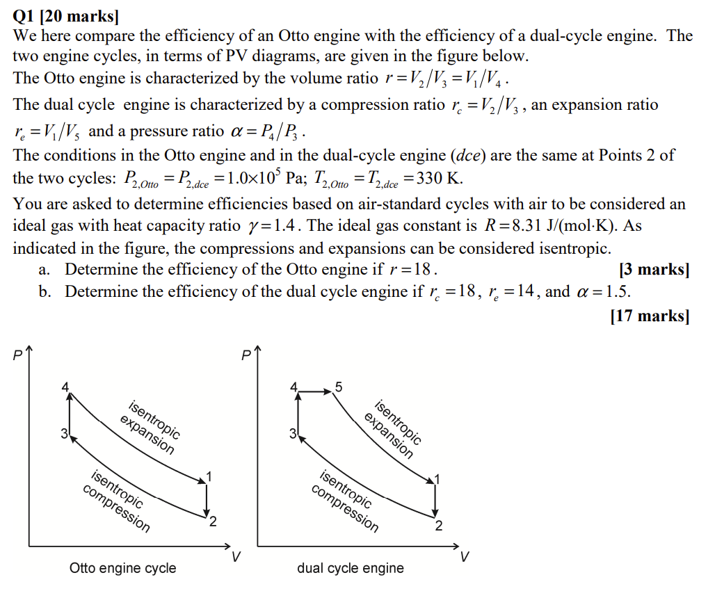 Q1 20 Marks We Here Compare The Efficiency Of An Otto Engine With The Efficiency Of A Dual Cycle Engine The Two Eng 1