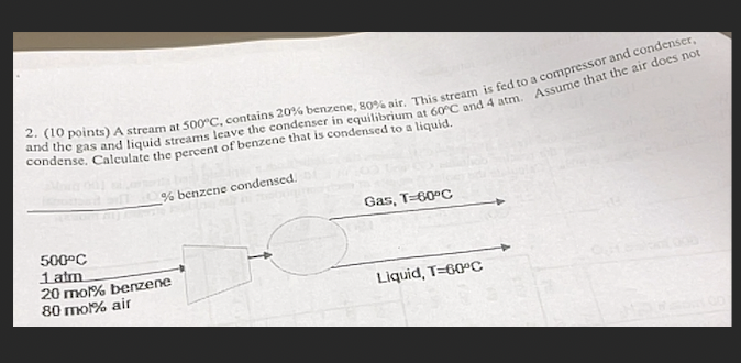 2 10 Points A Stream At 500 C Contains 20 Benzene 80 Air This Stream Is Fed To A Compressor And Condenser And T 1