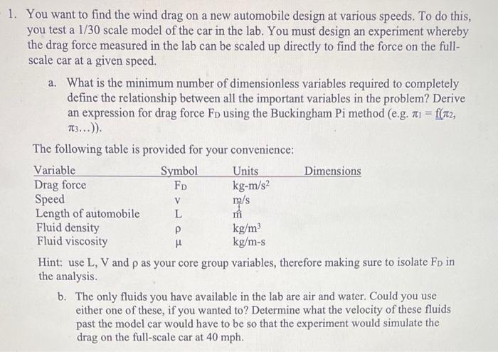 1 You Want To Find The Wind Drag On A New Automobile Design At Various Speeds To Do This You Test A 1 30 Scale Model 1