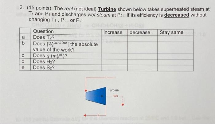 2 15 Points The Real Not Ideal Turbine Shown Below Takes Superheated Steam At T1 And P1 And Discharges Wet Steam At 1