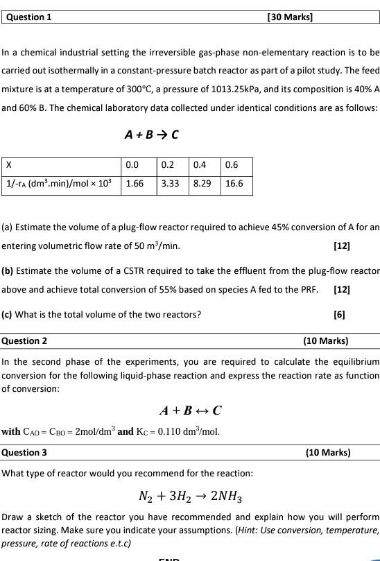 Question 1 30 Marks In A Chemical Industrial Setting The Irreversible Gas Phase Non Elementary Reaction Is To Be Carri 1