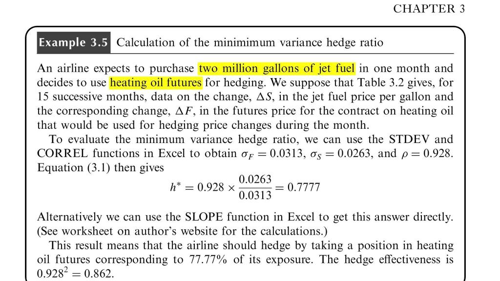 Chapter 3 Example 3 5 Calculation Of The Minimimum Variance Hedge Ratio An Airline Expects To Purchase Two Million Gallo 1