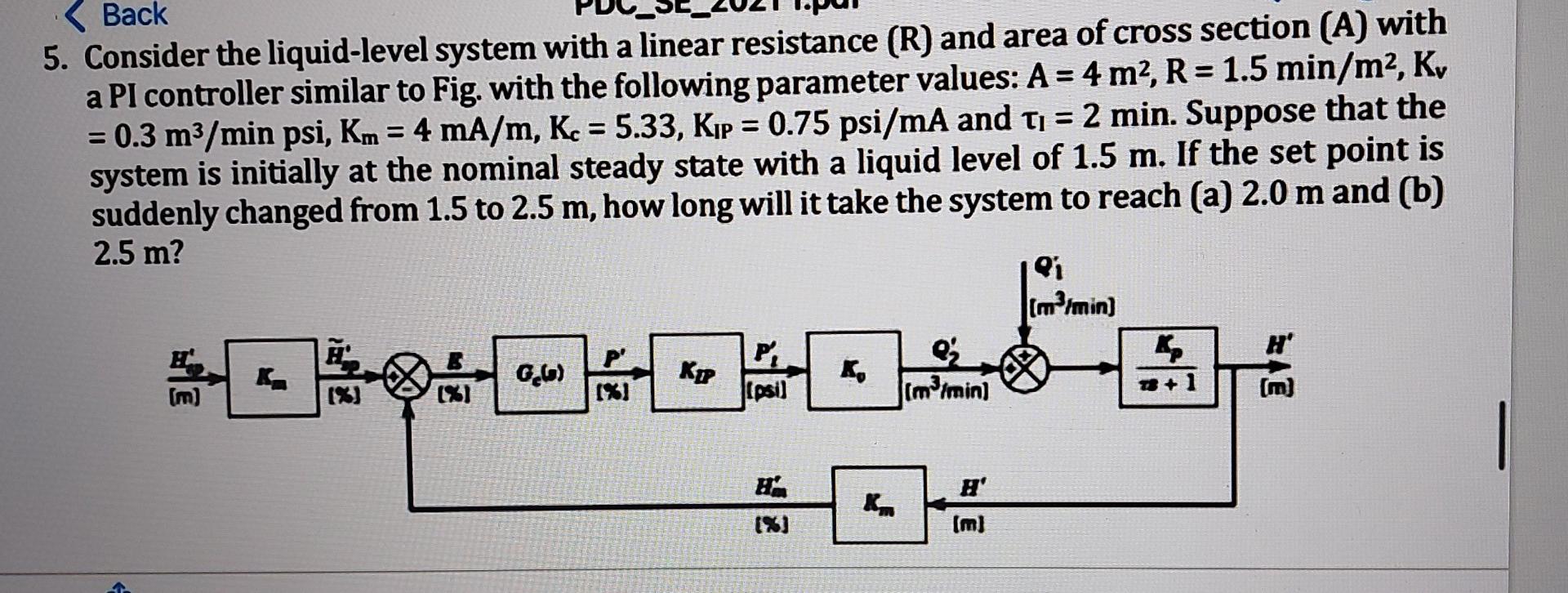 A 3d Back 5 Consider The Liquid Level System With A Linear Resistance R And Area Of Cross Section A With A Pi Co 1