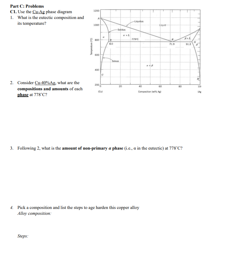 1200 Part C Problems C1 Use The Cu Ag Phase Diagram 1 What Is The Eutectic Composition And Its Temperature A Liquid 1