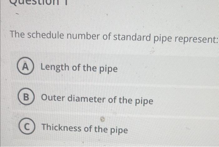 The Schedule Number Of Standard Pipe Represent A Length Of The Pipe B Outer Diameter Of The Pipe C Thickness Of The P 1