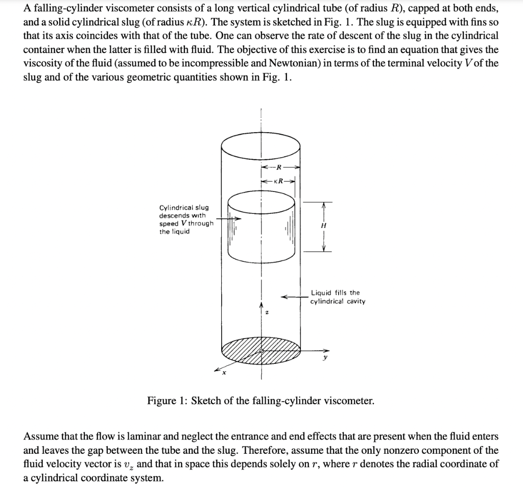 A Falling Cylinder Viscometer Consists Of A Long Vertical Cylindrical Tube Of Radius R Capped At Both Ends And A Sol 1