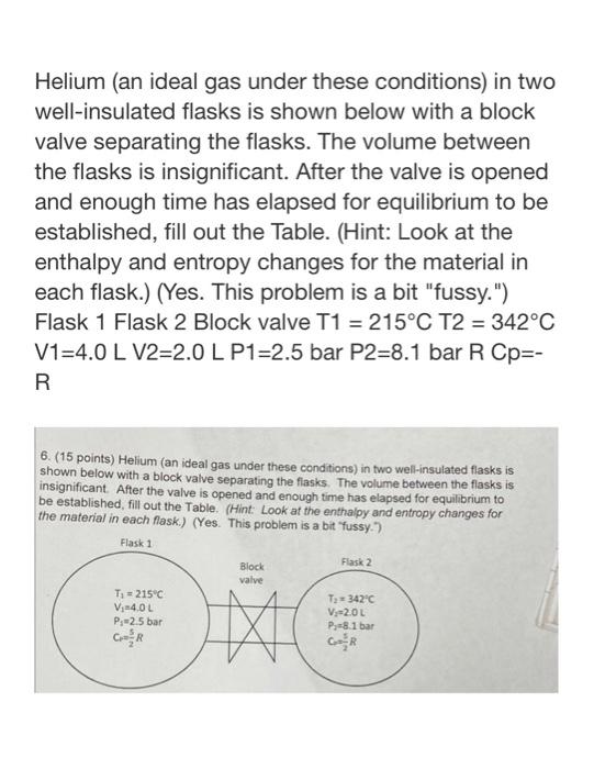 Helium An Ideal Gas Under These Conditions In Two Well Insulated Flasks Is Shown Below With A Block Valve Separating T 1