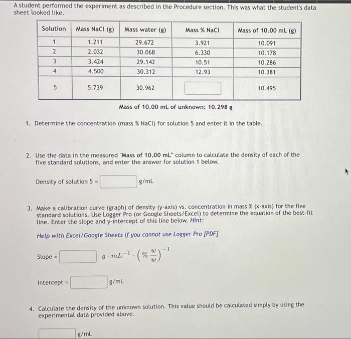 A Student Performed The Experiment As Described In The Procedure Section This Was What The Student S Data Sheet Looked 1