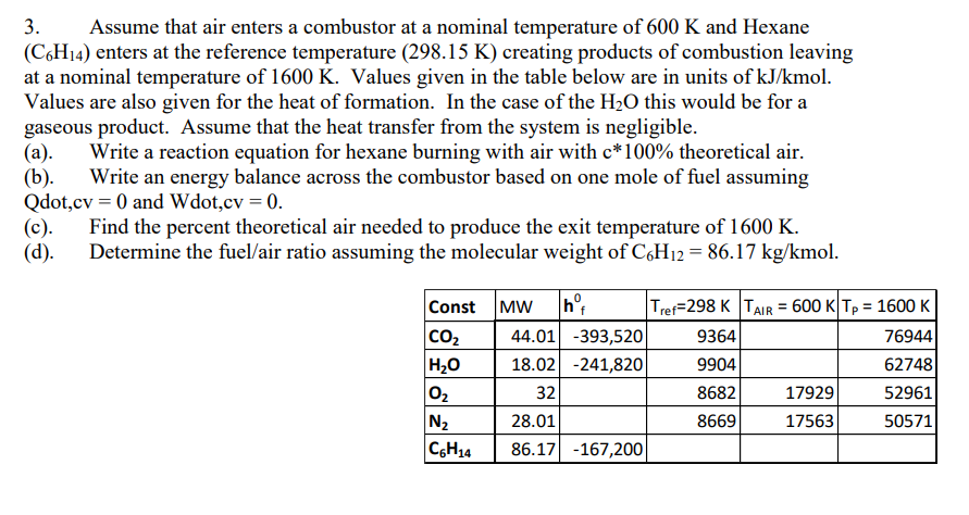 3 Assume That Air Enters A Combustor At A Nominal Temperature Of 600 K And Hexane C6h14 Enters At The Reference Tempe 1