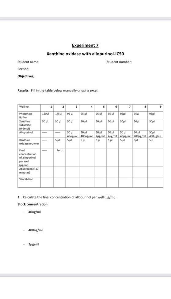 Experiment 7 Xanthine Oxidase With Allopurinol Ic50 Student Number Student Name Section Objectives Results Fill I 1