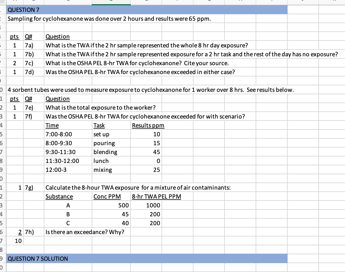Question 7 Sampling For Cyclohexanone Was Done Over 2 Hours And Results Were 65 Ppm Pts Q 1 7a 1 7b 2 7c 1 7d Qu 1