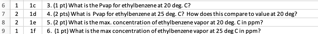 6 1 1c 7 N Ne 2 1d 3 1 Pt What Is The Pvap For Ethylbenzene At 20 Deg C 4 2 Pts What Is Pvap For Ethylbenzene At 1