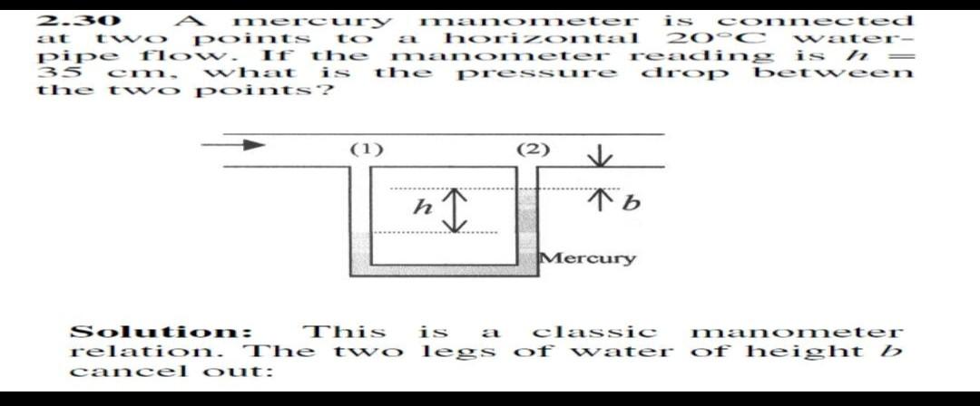 2 30 Mercury Manometer Is Connected At Two Points To Horizontal 20 C Water Pipe Flow If The Manometer Reading Is H 3 1