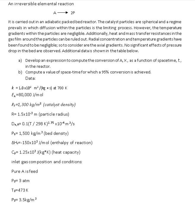 An Irreversible Elemental Reaction A 2p It Is Carried Out In An Adiabatic Packed Bedreactor The Catalyst Particles Are 1