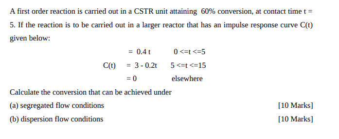 A First Order Reaction Is Carried Out In A Cstr Unit Attaining 60 Conversion At Contact Time T 5 If The Reaction Is 1