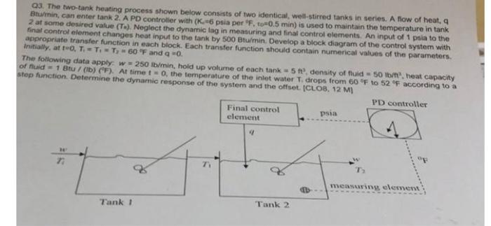 Q3 The Two Tank Heating Process Shown Below Consists Of Two Identical Well Stirred Tanks In Series A Flow Of Heat Btu 1