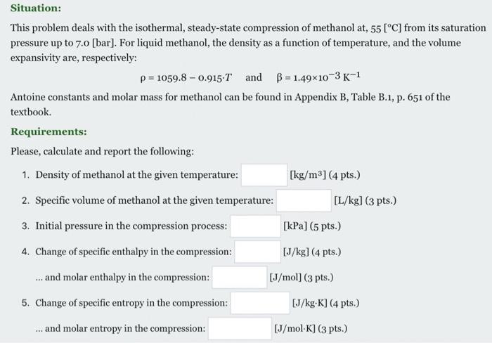 This Problem Deals With The Isothermal Steady State Compression Of Methanol At 55 C From Its Saturation Pressure Up 1