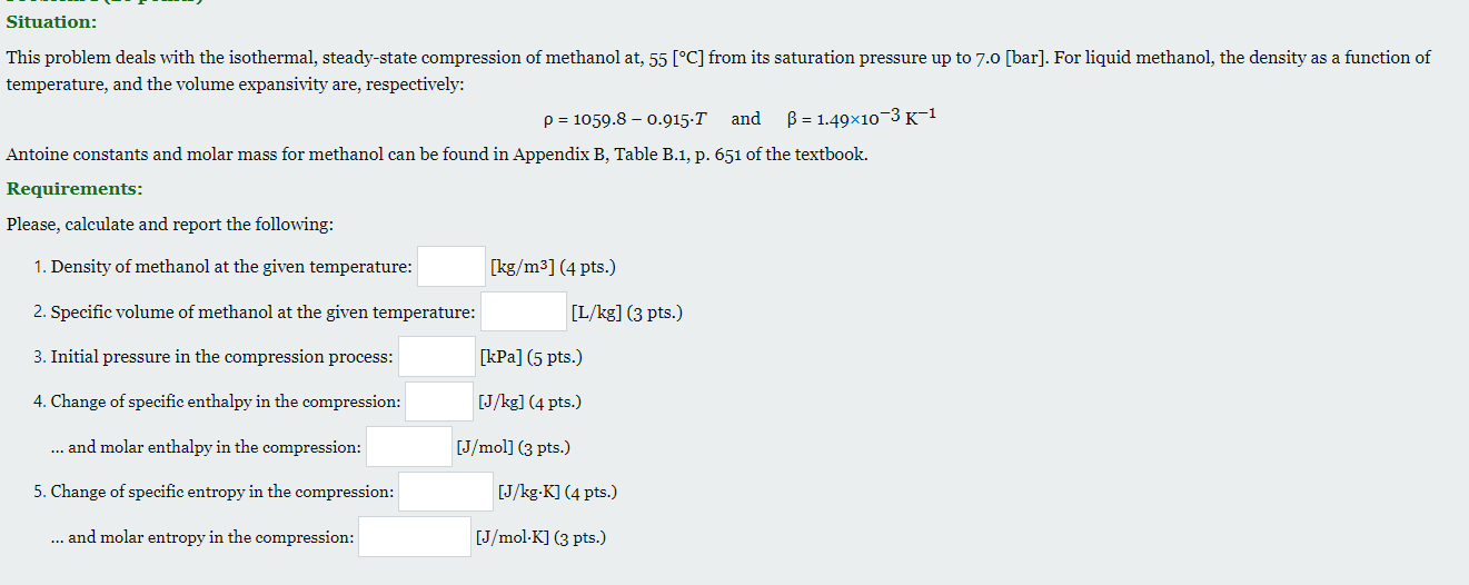 Situation This Problem Deals With The Isothermal Steady State Compression Of Methanol At 55 C From Its Saturation 1
