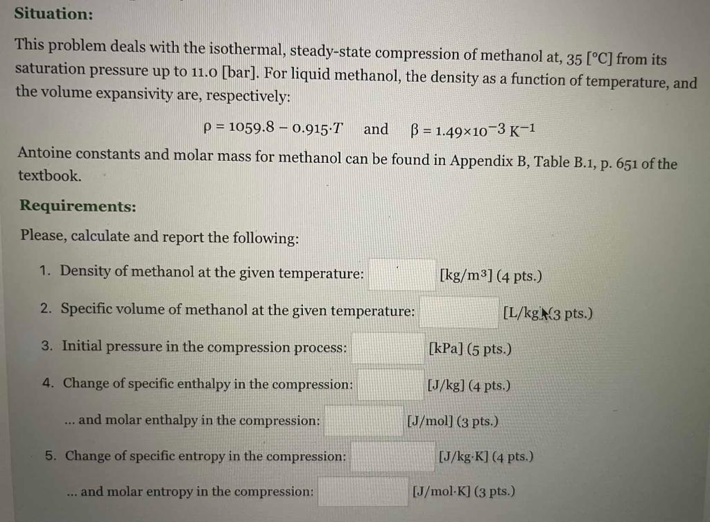 Situation This Problem Deals With The Isothermal Steady State Compression Of Methanol At 35 C From Its Saturation 1
