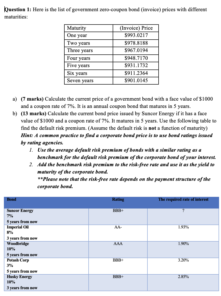 Question 1 Here Is The List Of Government Zero Coupon Bond Invoice Prices With Different Maturities Maturity One Yea 1
