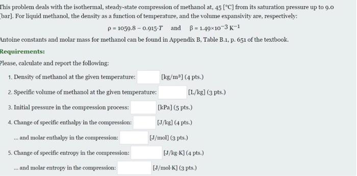 This Problem Deals With The Isothermal Steady State Compression Of Methanol At 45 C From Its Saturation Pressure Up 1