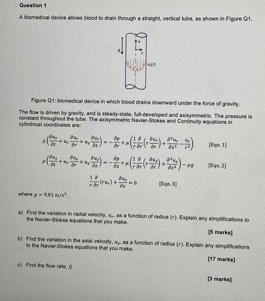 Question 1 A Biomedical Device Allows Blood To Drain Through A Straight Vertical Tube As Shown In Figure Q1 L U 1 Fi 1