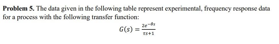 Problem 5 The Data Given In The Following Table Represent Experimental Frequency Response Data For A Process With The 1