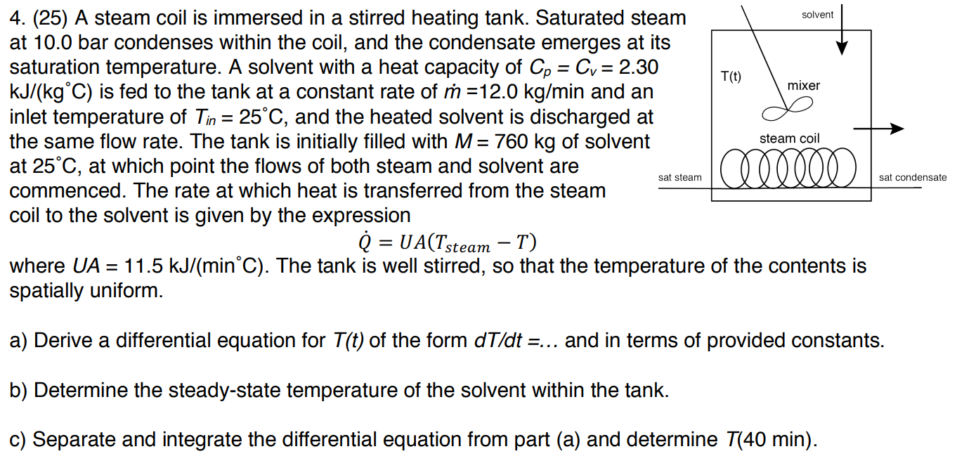 Solvent T T Mixer Steam Coil 4 25 A Steam Coil Is Immersed In A Stirred Heating Tank Saturated Steam At 10 0 Bar Co 1