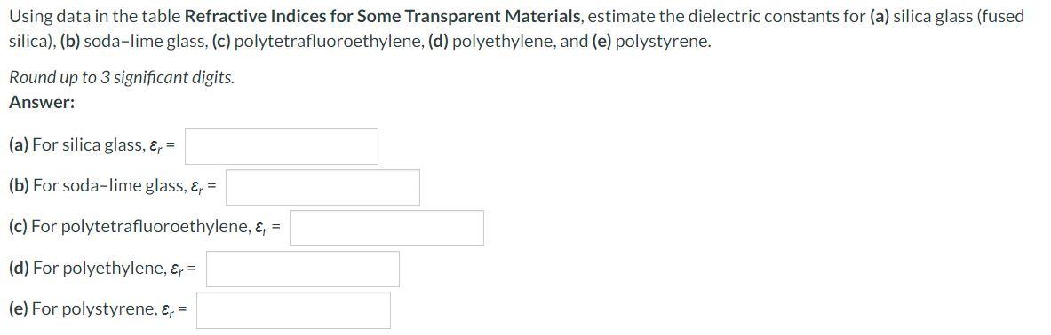 Using Data In The Table Refractive Indices For Some Transparent Materials Estimate The Dielectric Constants For A Sil 1