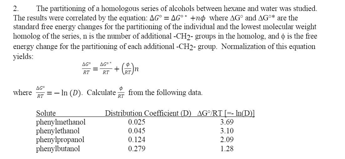 2 The Partitioning Of A Homologous Series Of Alcohols Between Hexane And Water Was Studied The Results Were Correlated 1