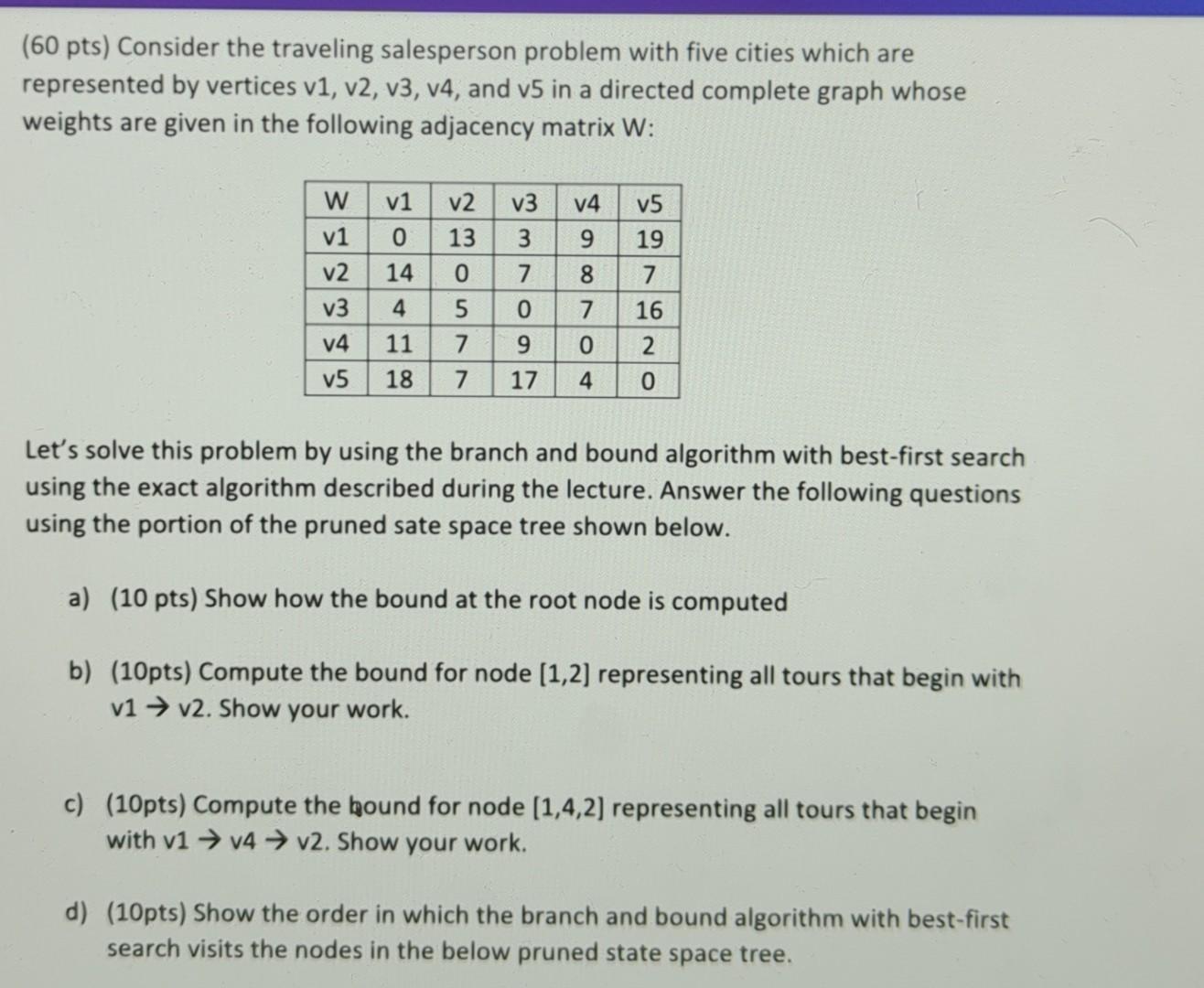60 Pts Consider The Traveling Salesperson Problem With Five Cities Which Are Represented By Vertices V1 V2 V3 V4 A 1