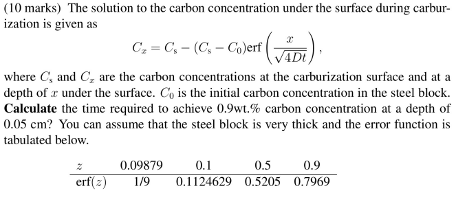 Consider A Carburization Process Where Carbon Is Diffused Into A Steel Block At 930 C The Steel Contains 0 1 Wt C Ini 2
