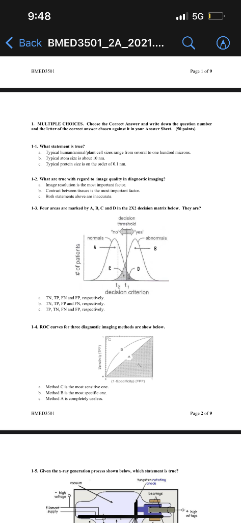 9 48 5g Back Bmed3501 2a 2021 Bmed3501 Page 1 Of 9 1 Multiple Choices Choose The Correct Answer And Write Dow 1