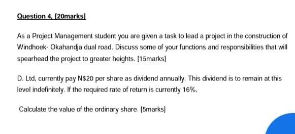 Question 4 20marks As A Project Management Student You Are Given A Task To Lead A Project In The Construction Of Wind 1