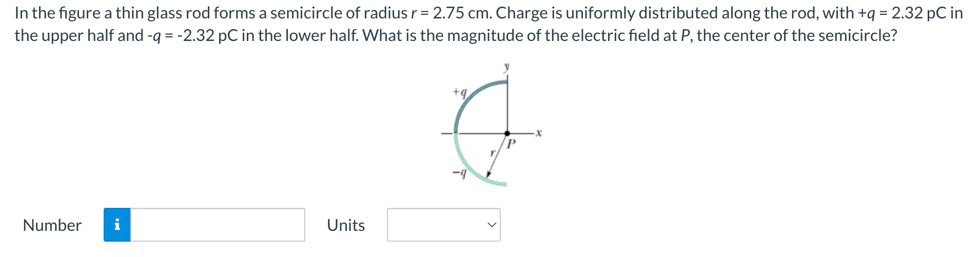 In The Figure A Thin Glass Rod Forms A Semicircle Of Radius R 2 75 Cm Charge Is Uniformly Distributed Along The Rod 1