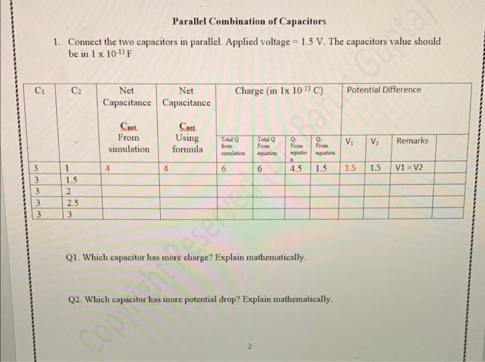 Parallel Combination Of Capacitors 1 Connect The Two Capacitors In Parallel Applied Voltage 1 5v The Capacitors Val 1