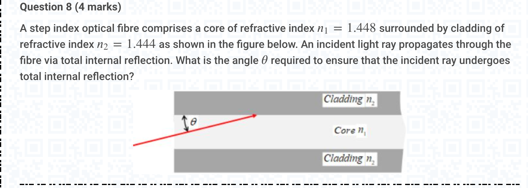 Question 8 4 Marks A Step Index Optical Fibre Comprises A Core Of Refractive Index N1 1 448 Surrounded By Cladding 1