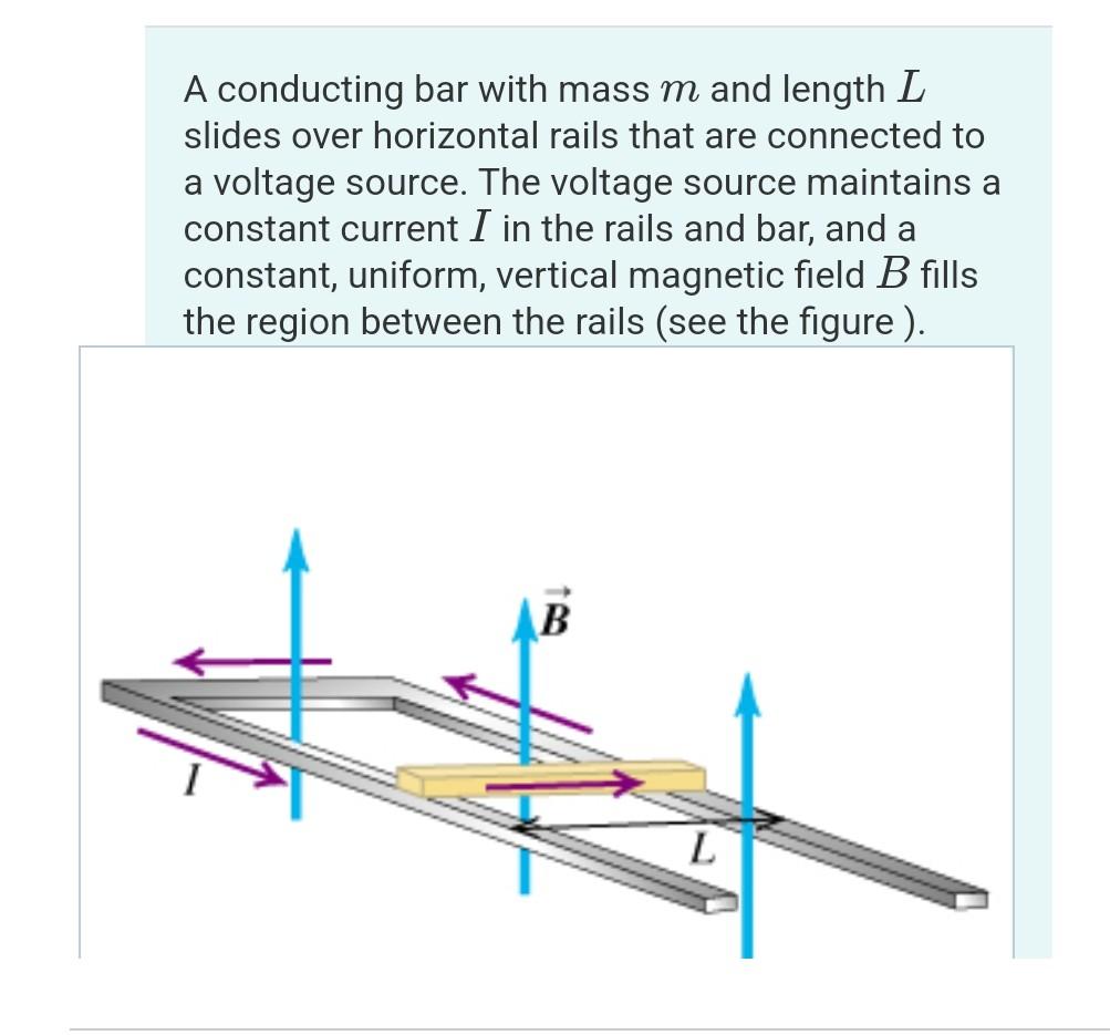 A Conducting Bar With Mass M And Length L Slides Over Horizontal Rails That Are Connected To A Voltage Source The Volta 1