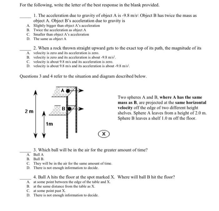 For The Following Write The Letter Of The Best Response In The Blank Provided 1 The Acceleration Due To Gravity Of Ob 1
