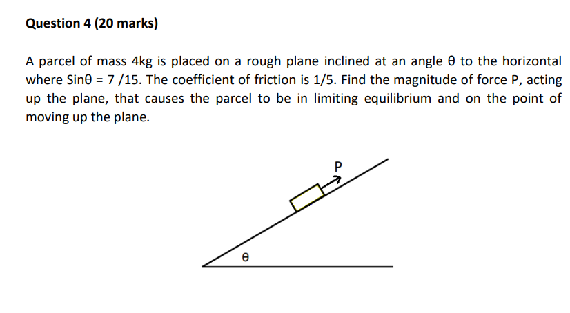 Question 4 20 Marks A Parcel Of Mass 4kg Is Placed On A Rough Plane Inclined At An Angle O To The Horizontal Where Sin 1