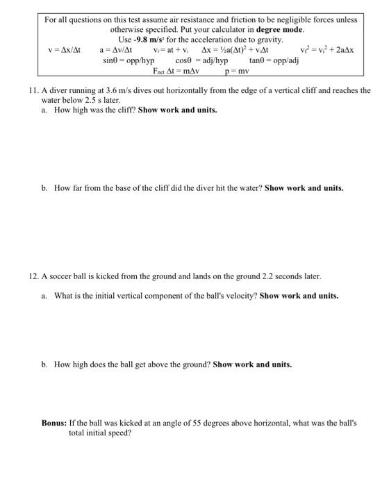 For All Questions On This Test Assume Air Resistance And Friction To Be Negligible Forces Unless Otherwise Specified Pu 1