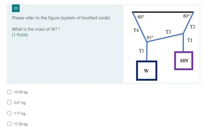 60 60 23 Please Refer To The Figure System Of Knotted Cords What Is The Mass Of W 1 Point T2 14 T3 950 T1 Ts 10n 1