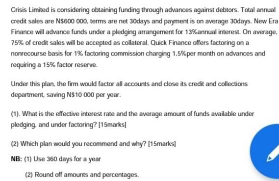 Crisis Limited Is Considering Obtaining Funding Through Advances Against Debtors Total Annual Credit Sales Are N 600 00 1