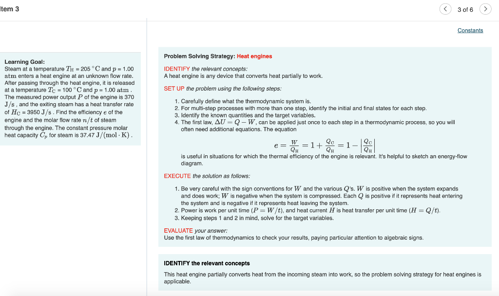 Item 3 3 Of 6 Constants Learning Goal Steam At A Temperature Th 205 C And P 1 00 Atm Enters A Heat Engine At An Un 1