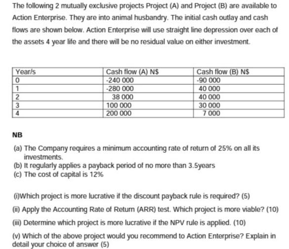 The Following 2 Mutually Exclusive Projects Project A And Project B Are Available To Action Enterprise They Are Int 1