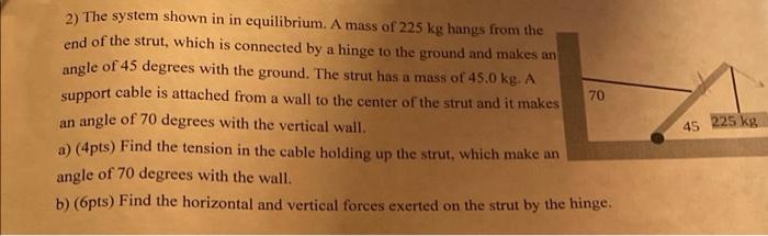 2 The System Shown In In Equilibrium A Mass Of 225 Kg Hangs From The End Of The Strut Which Is Connected By A Hinge T 1